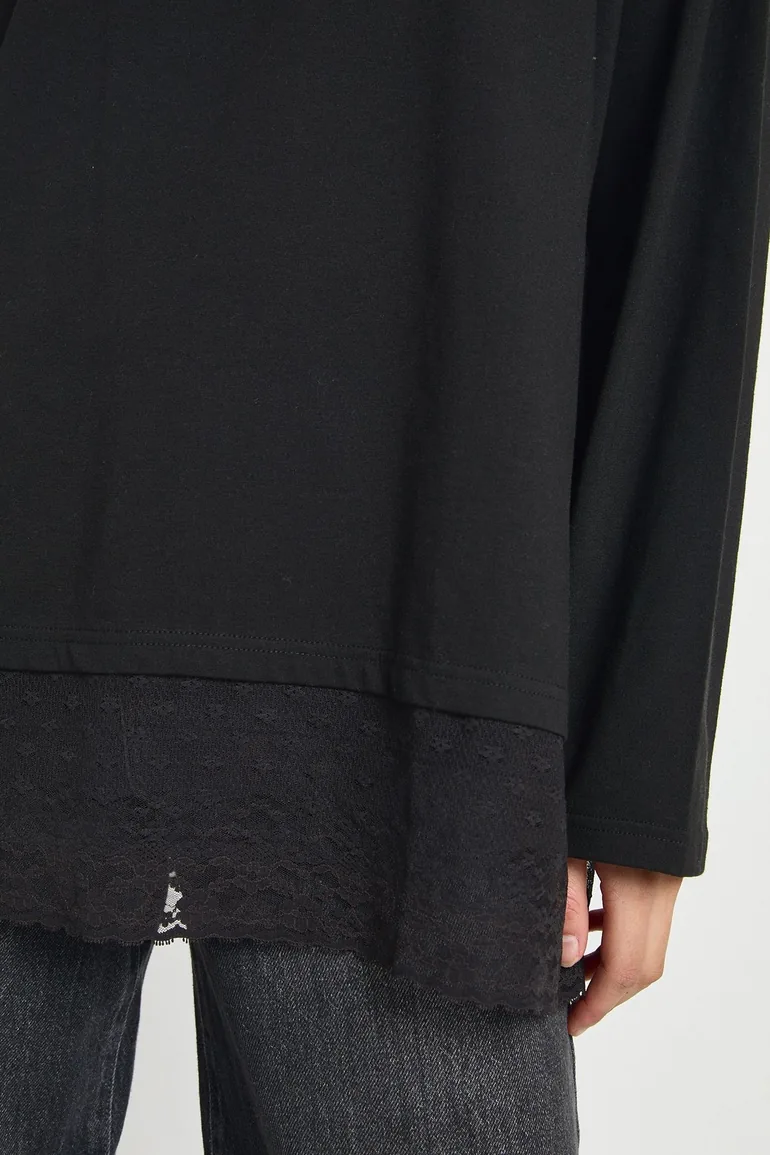 Long Sleeve T-shirt with Lace Hem Trim - black - 3
