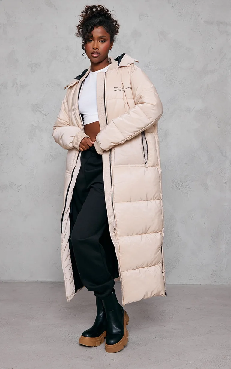 PRETTYLITTLETHING Stone Text Front Maxi Puffer Coat