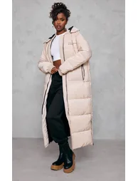 PRETTYLITTLETHING Stone Text Front Maxi Puffer Coat