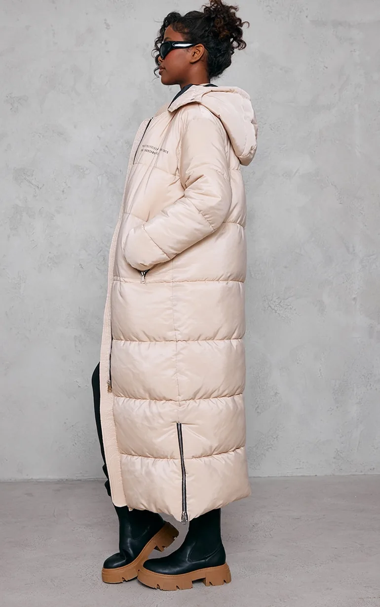 PRETTYLITTLETHING Stone Text Front Maxi Puffer Coat - 2