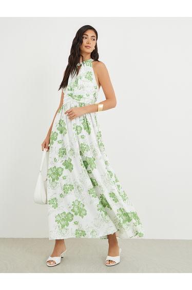 Floral Print Halter Neck A-Line Maxi Dress with Keyhole Detail