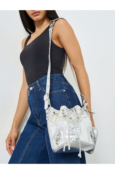 Metallic Studded Drawstring Bucket Bag