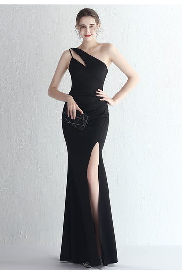 Cutout One-Shoulder Split Gown in Black