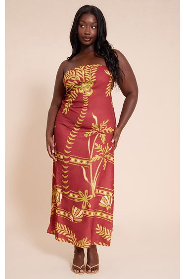 Plus Chocolate Palm Print Woven Bandeau Maxi Dress