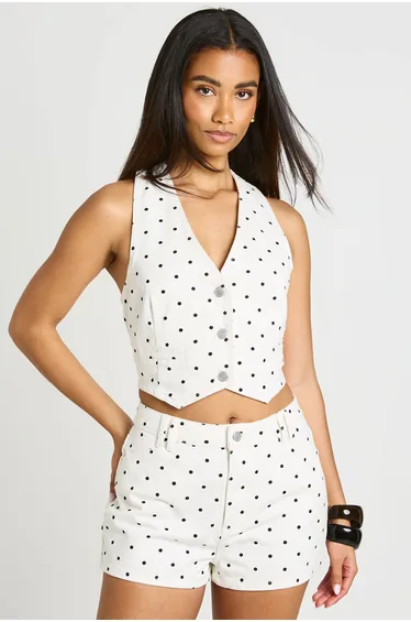 Polka Dot Denim Halterneck Top - black_white