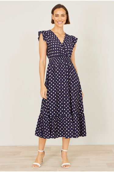 Yumi Navy Spot Ruched Waist Midi Dress