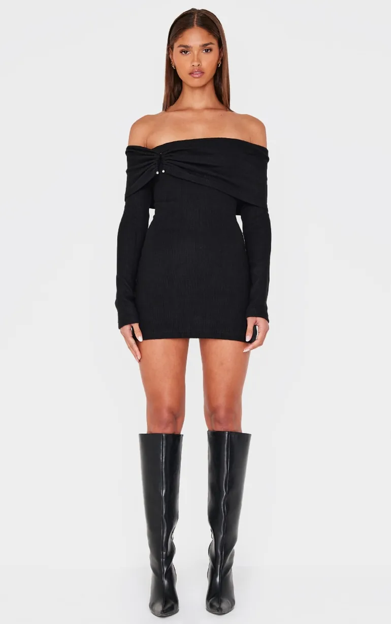 knee length dresses for ladies Gilda Black Velvet Bardot Long-Sleeve Mini Dress – Club L London