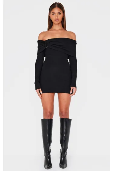 Black Heavy Brushed Rib Bardot Trim Mini Dress