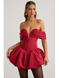 Off-Shoulder Layered Bubble Hem Corset Mini Dress in True Red - 7