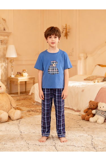 Boys Blue Bear Print Round Neck T-Shirt and Pyjama Set