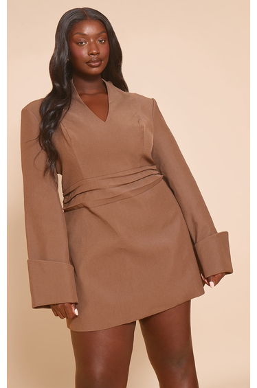 Plus Chestnut Woven V Neck Mini Dress
