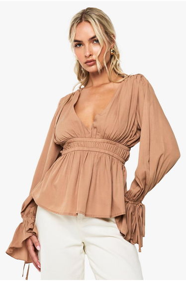 Tie Cuff Peplum Blouse - mocha