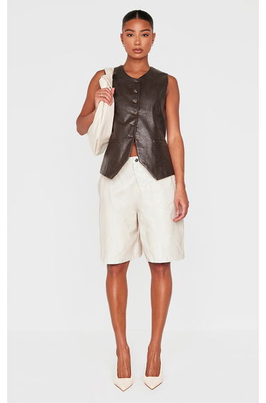 Brown Faux Leather Long Line Button Up Waistcoat