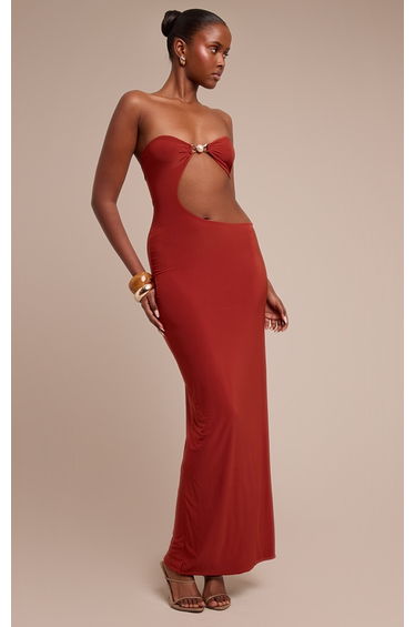 Rust Slinky Trim Detail Cut Out Maxi Dress