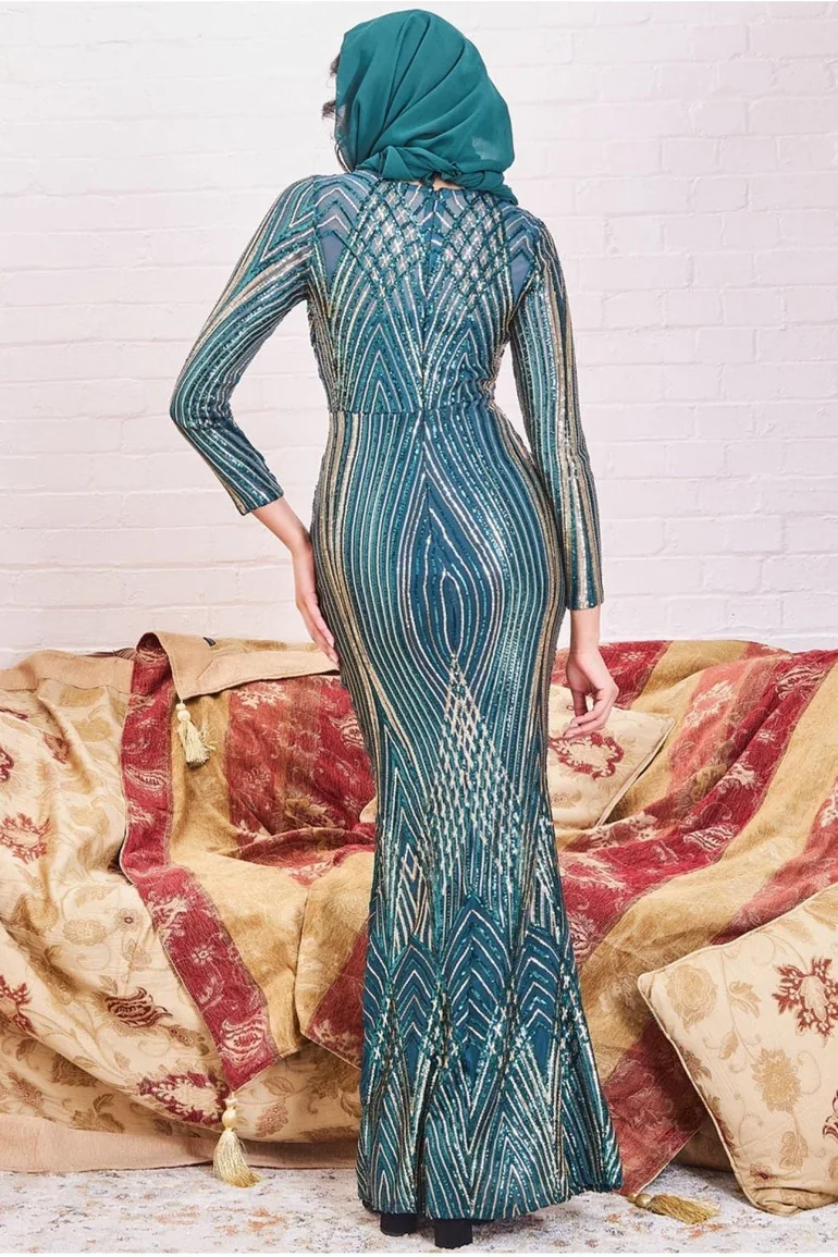 Goddiva Modesty Two Toned Sequin Maxi - Emerald Green - 1