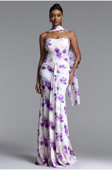 Olivia Romantic Contour Strapless Scarf Ruched Floral Print Mesh Maxi Dress