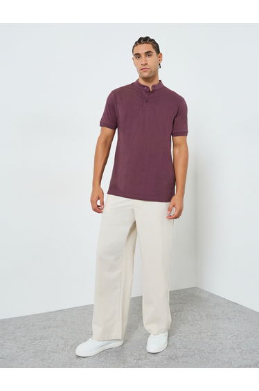 Men Purple Cotton Mandarin Polo