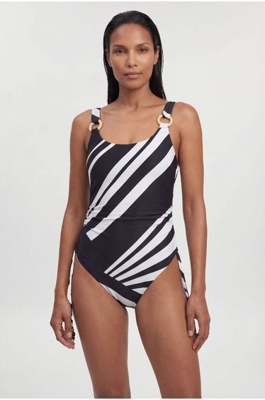 Stripe Print With Bead Detail Low Back Swimsuit