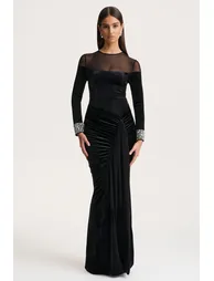Perrin | Black Velvet Crew-Neck Maxi Dress With Embellished Cuffs