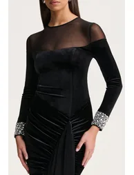Perrin | Black Velvet Crew-Neck Maxi Dress With Embellished Cuffs - 2