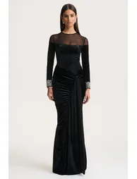 Perrin | Black Velvet Crew-Neck Maxi Dress With Embellished Cuffs - 3