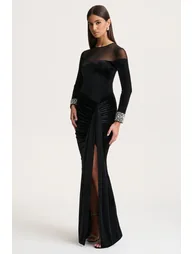 Perrin | Black Velvet Crew-Neck Maxi Dress With Embellished Cuffs - 4