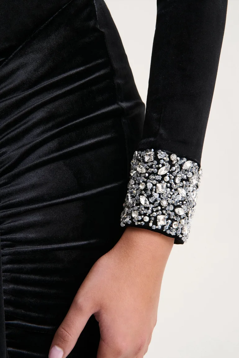 Perrin | Black Velvet Crew-Neck Maxi Dress With Embellished Cuffs - 5