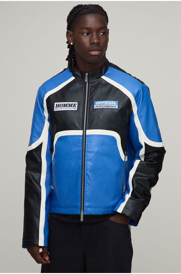 Regular Fit Colour Block PU Moto Jacket - cobalt