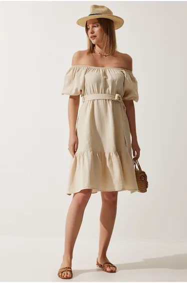 Women's Cream Carmen Collar Belted Summer Muslin Dress
