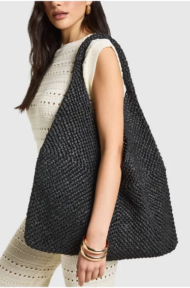 Large Slouchy Straw Beach Bag - black