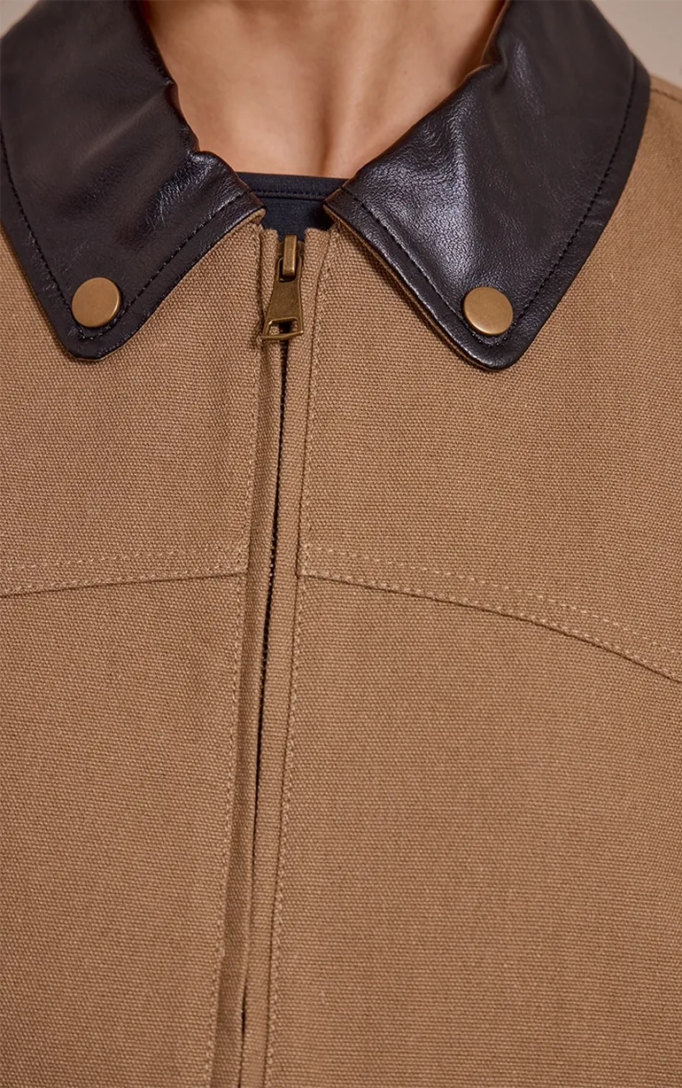 Brown Contrast Collar Twill Oversized Trucker Jacket - 3