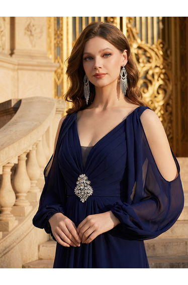 ever MARINA|Rhinestone Embellished Chiffon Lantern Sleeve Wedding Guest Dress