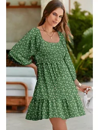 Lvness Green Floral 3/4 Sleeve Square Neck Smocked Mini Dress