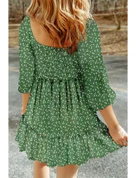 Lvness Green Floral 3/4 Sleeve Square Neck Smocked Mini Dress - 2
