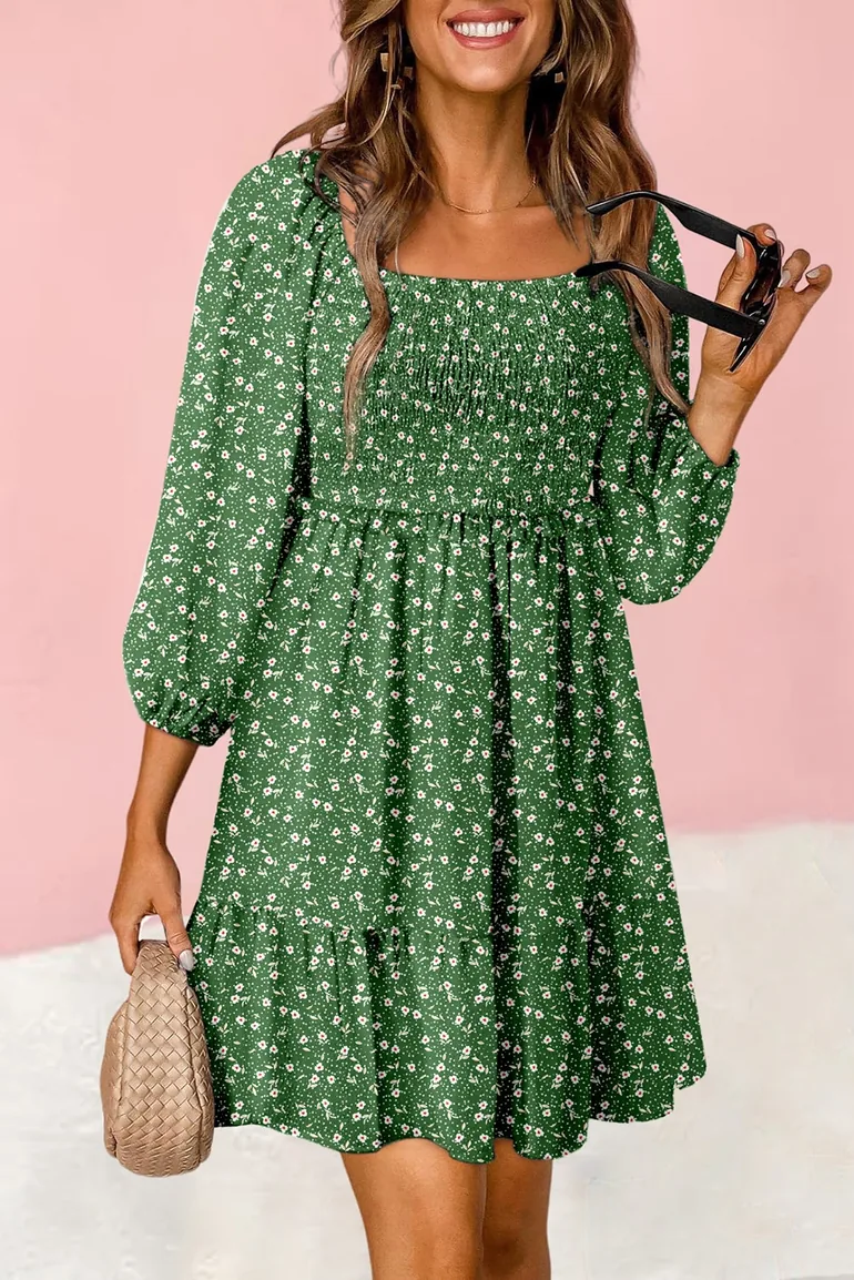 Lvness Green Floral 3/4 Sleeve Square Neck Smocked Mini Dress - 4