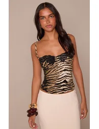 Tiger Print Satin Lace Bust Detail Cami Top - 3
