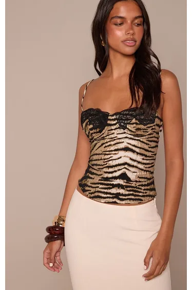 Tiger Print Satin Lace Bust Detail Cami Top