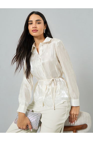 Off White Waist-Tie Embellished Shirt