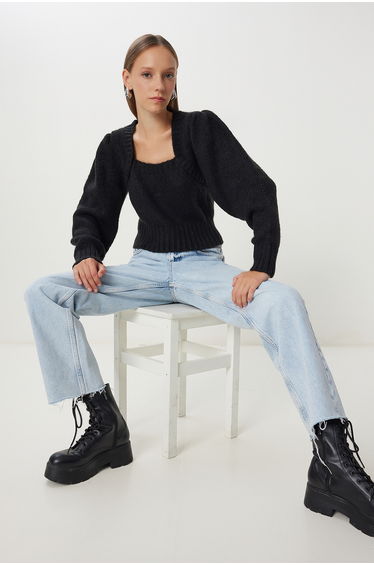 Women's Black Bolero Look Crop Knitwear Sweater