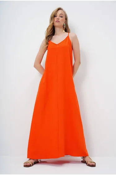 Women's Orange Adjustable Strap V-Neck Aerobin Summer Dress