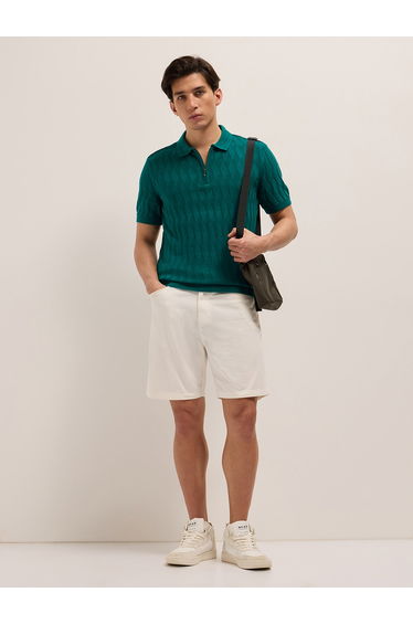 Men Pure Cotton Textured Flat Knit Slim Fit Polo