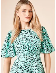 Green Animal Flutter Sleeve Shirred Waist Midi Dress - 3