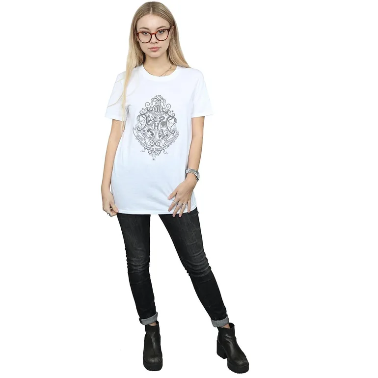 Harry Potter Womens/Ladies Hogwarts Draco Dormiens Crest Cotton Boyfriend T-Shirt - White - 3
