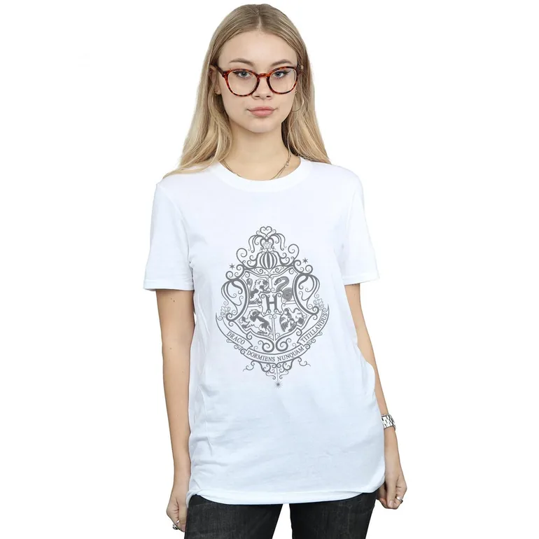 Harry Potter Womens/Ladies Hogwarts Draco Dormiens Crest Cotton Boyfriend T-Shirt - White