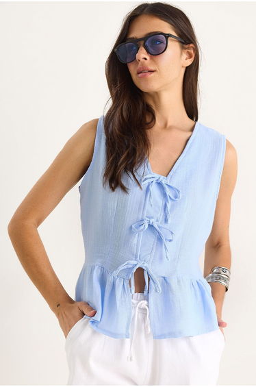 LUCCI V-Neck Crepe Blouse with Bow Tie