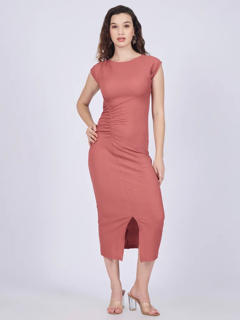 peach bodycon midi dress Leah Peach Draped Halter Neck Ruched Bodycon Midi Dress
