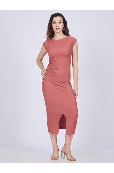 Peach Textured Knit Bodycon Midi Dress