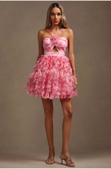 Daware Sleeveless Flower Printed Hollow Out Folds Mini Dress