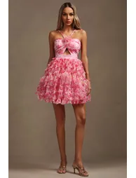 Daware Sleeveless Flower Printed Hollow Out Folds Mini Dress