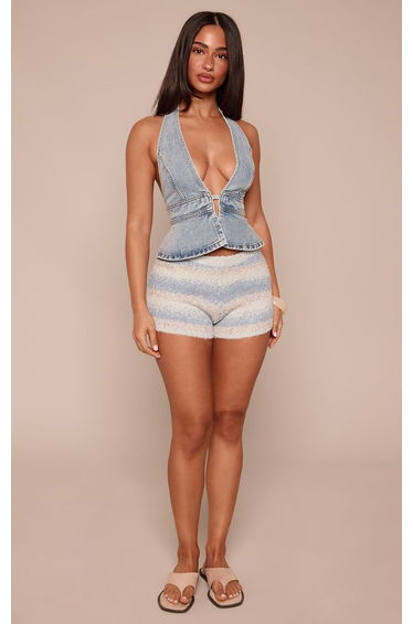 Petite Mid Blue Wash Peplum Halterneck Tie Back Denim Top